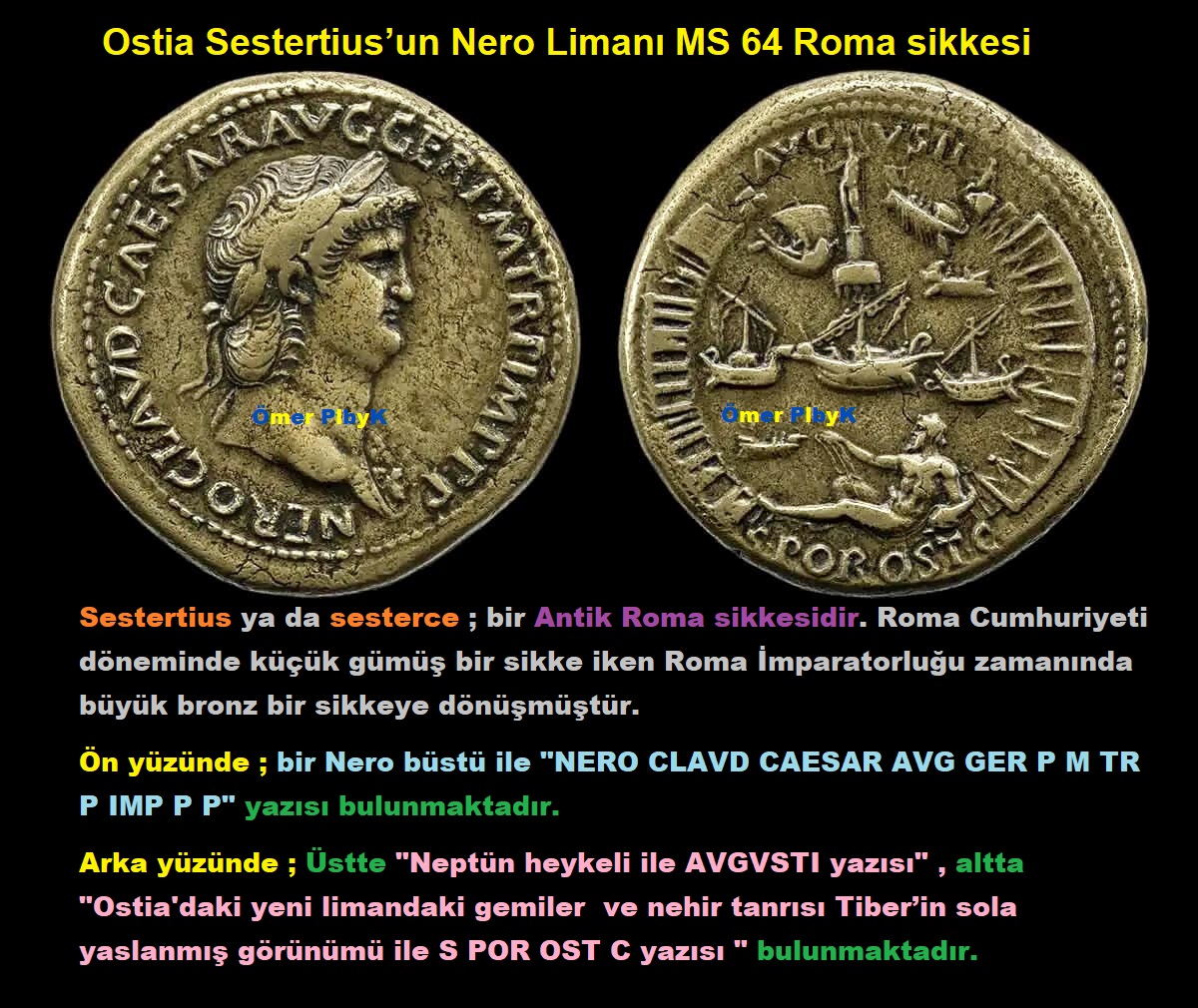 Ostia Sestertius’un Nero Limanı MS 64 Roma sikkesi ; İngiliz müzesi 