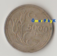 Beş Bin (5000) 1994 Türkiye Cumhuriyeti madeni parası 