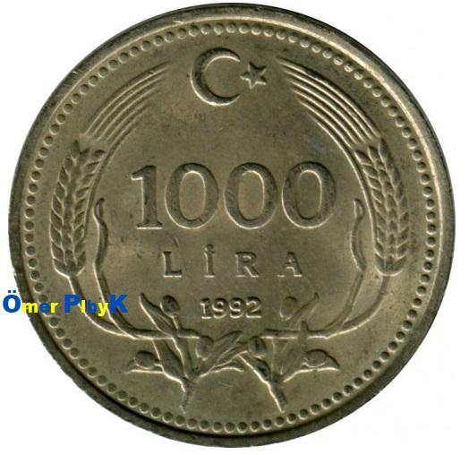 1000 (Bin) Lira 1992 Türkiye Cumhuriyeti madeni parası