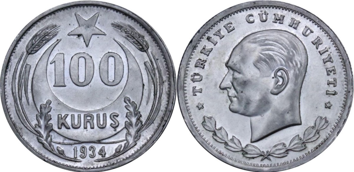 100 (Yüz ) Kuruş 1934 Türkiye Cumhuriyeti madeni parası