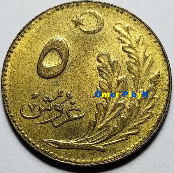5 (Beş) Kuruş 1926 (۱٩۲٦) Türkiye Cumhuriyeti madeni parası