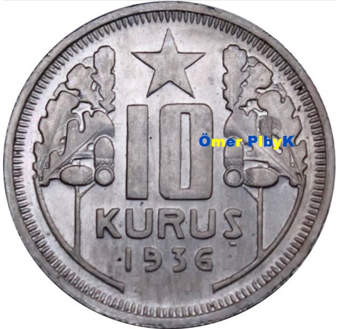 10 (On) Kuruş 1936 Türkiye Cumhuriyeti madeni parası  