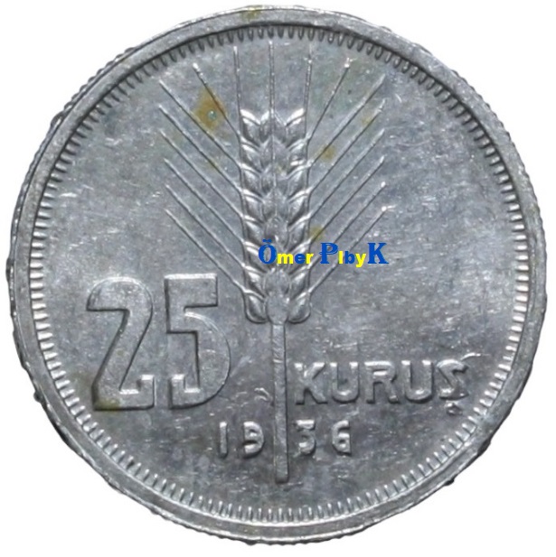 25 (Yirmibeş) Kuruş 1936 Türkiye Cumhuriyeti madeni parası 