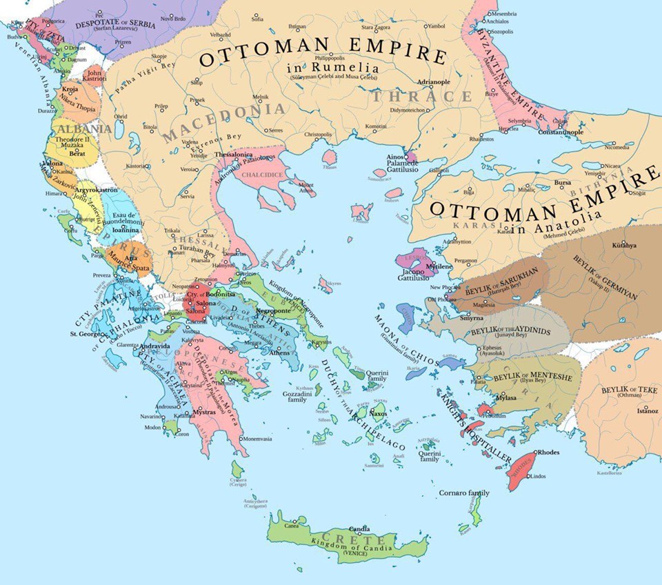 Güney Balkanlar ve Batı Anadolu 1410 Osmanlı İmparatorluğunu gösteren Avrupa haritası  