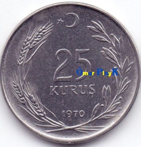 25 (Yirmi Beş kuruş) 1970 Türkiye Cumhuriyeti madeni parası 