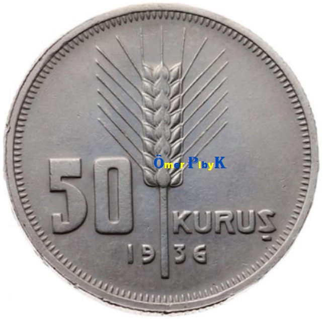 50 (Elli ) Kuruş 1936 Türkiye Cumhuriyeti madeni parası  