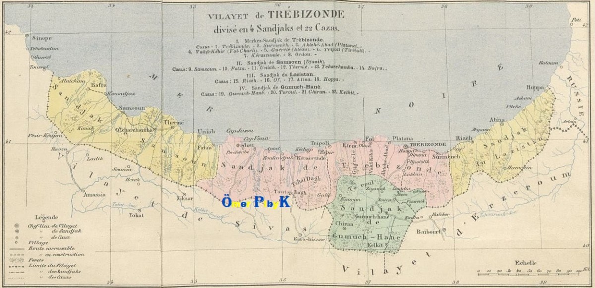 Trabzon Vilayeti ( Sancağı) 1867 Osmanlı Dönemi sancakları haritası