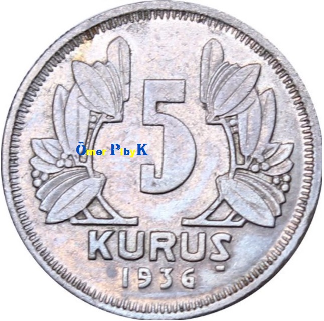 5 Kuruş 1936 Türkiye Cumhuriyeti madeni parası  